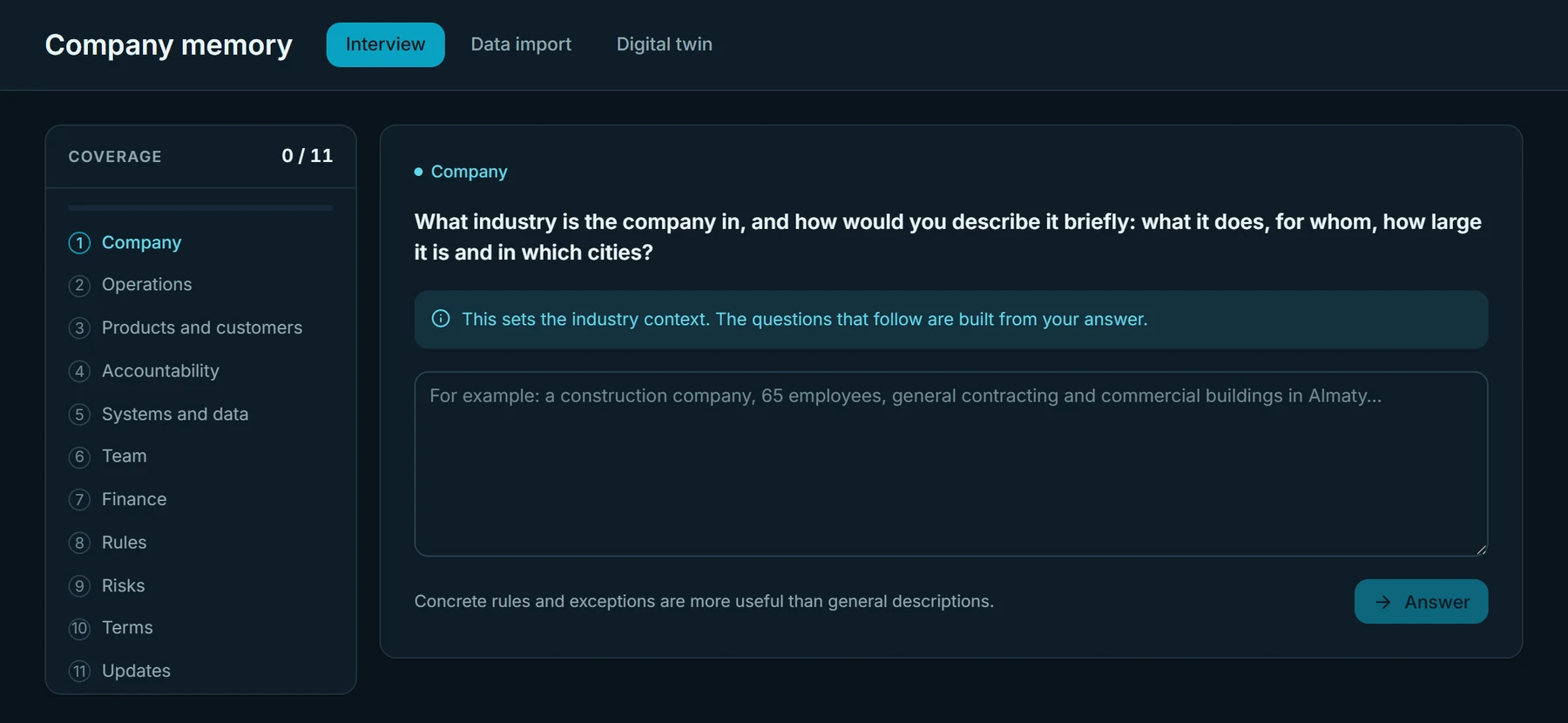Atrium AI interview screen: a coverage map of 11 areas on the left, and a question about the company's industry with an answer field on the right.