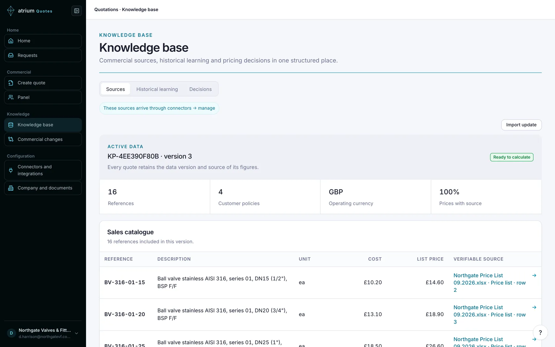 The knowledge base in AtriumQuotes: the active price-list version, the number of lines and customer rules, and the catalogue with cost, price and a link to the file, sheet and row.