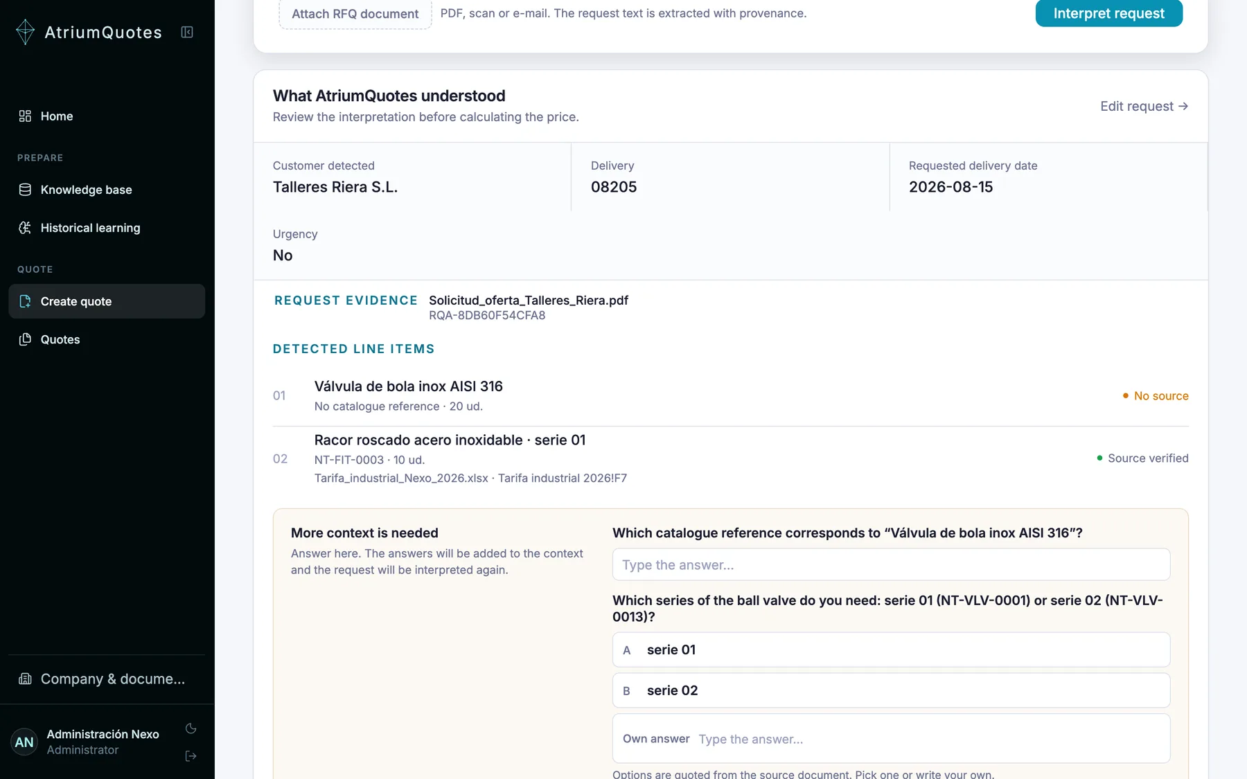 AtriumQuotes screen: an uploaded RFQ interpreted into order lines with source-verification badges, and a clarification question offering two cited options plus a free answer.
