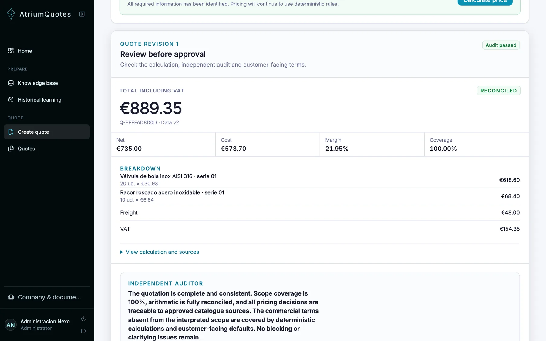 Quote review screen: itemised deterministic price breakdown with margin and an explicit human approval step.