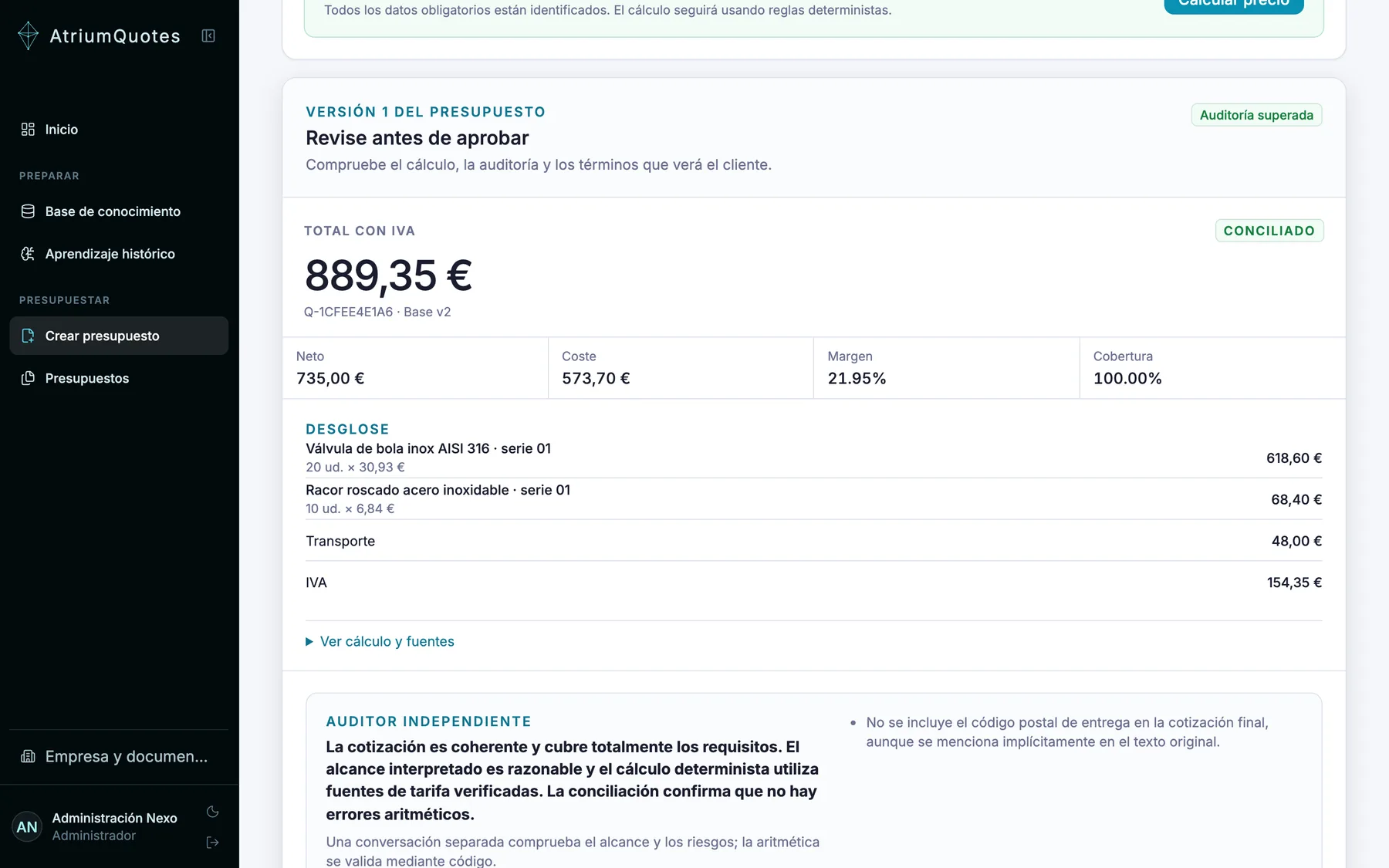 Pantalla de revisión: desglose de precio determinista con margen y un paso explícito de aprobación humana.