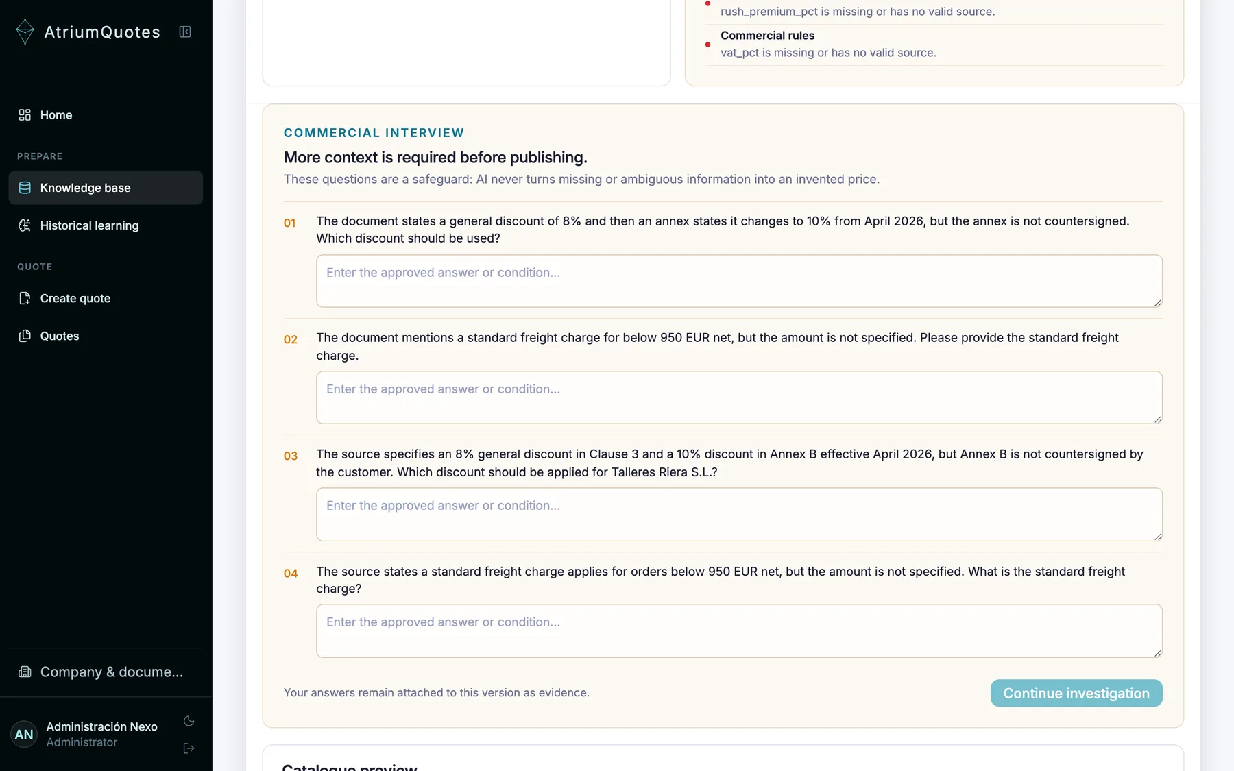 Import review: independent audit card, a detected discount contradiction shown as a two-option question, and publication blocked pending answers.