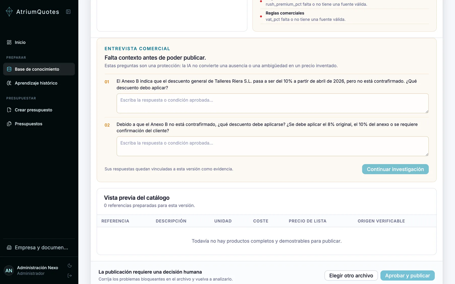 Revisión de importación: tarjeta de auditoría independiente, contradicción de descuento presentada como pregunta con dos opciones y publicación bloqueada.