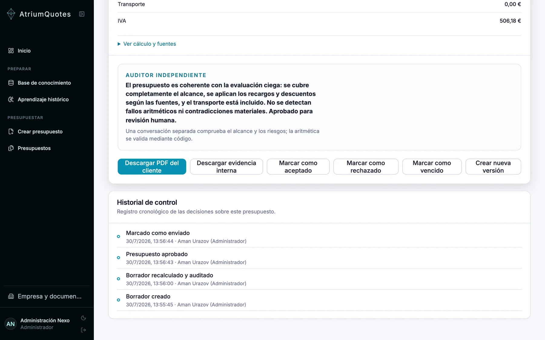 Detalle de presupuesto: veredicto del auditor independiente e historial cronológico de decisiones.